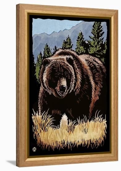 Grizzly Bear - Scratchboard-Lantern Press-Framed Stretched Canvas