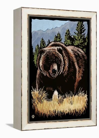 Grizzly Bear - Scratchboard-Lantern Press-Framed Stretched Canvas