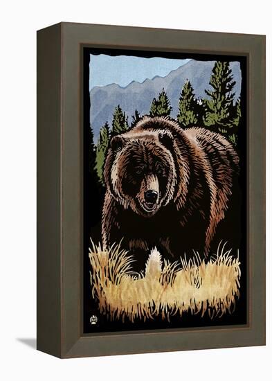 Grizzly Bear - Scratchboard-Lantern Press-Framed Stretched Canvas