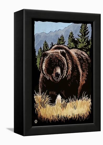 Grizzly Bear - Scratchboard-Lantern Press-Framed Stretched Canvas