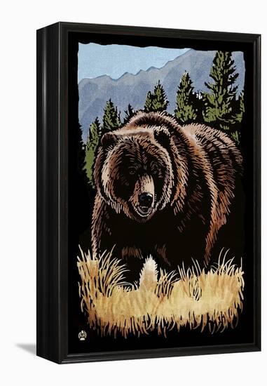 Grizzly Bear - Scratchboard-Lantern Press-Framed Stretched Canvas