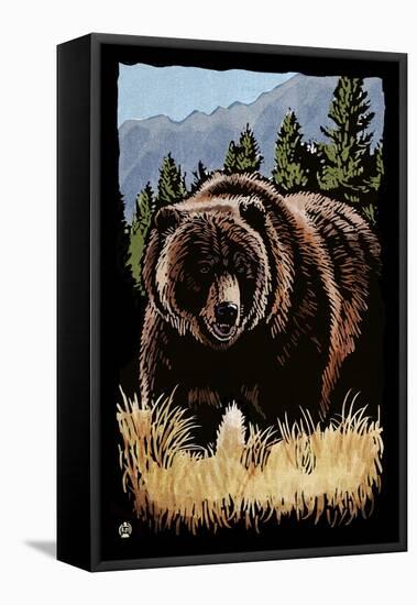 Grizzly Bear - Scratchboard-Lantern Press-Framed Stretched Canvas