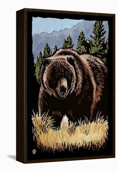 Grizzly Bear - Scratchboard-Lantern Press-Framed Stretched Canvas