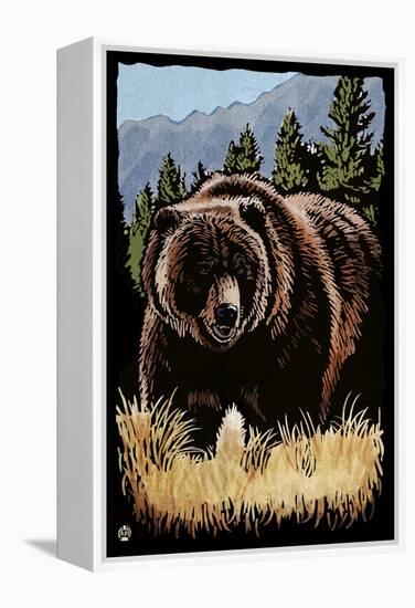 Grizzly Bear - Scratchboard-Lantern Press-Framed Stretched Canvas