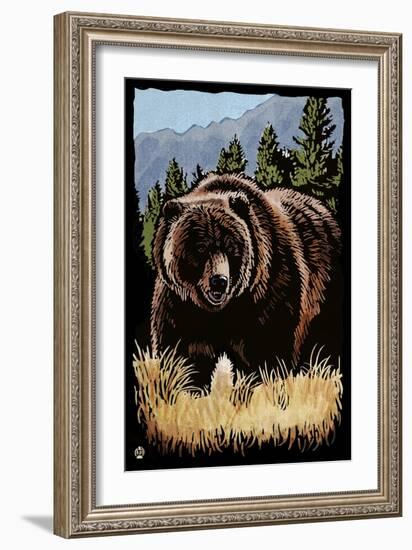 Grizzly Bear - Scratchboard-Lantern Press-Framed Art Print