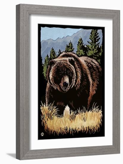 Grizzly Bear - Scratchboard-Lantern Press-Framed Art Print