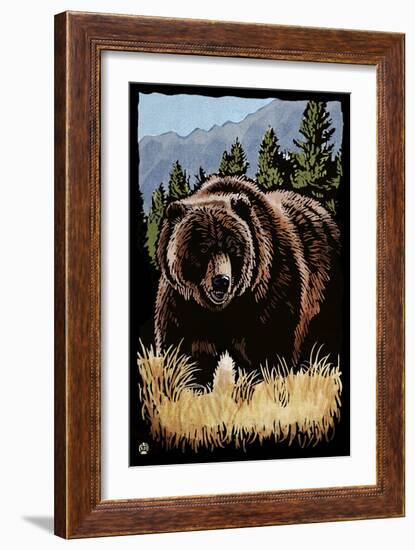 Grizzly Bear - Scratchboard-Lantern Press-Framed Art Print