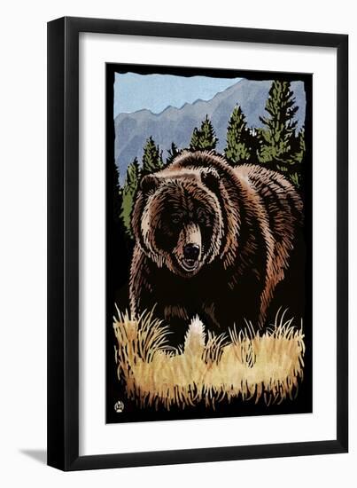 Grizzly Bear - Scratchboard-Lantern Press-Framed Art Print