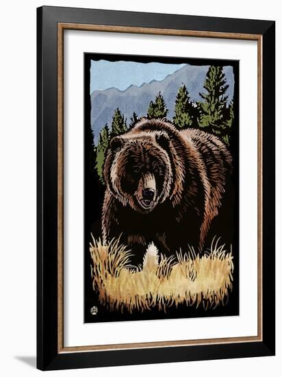 Grizzly Bear - Scratchboard-Lantern Press-Framed Art Print