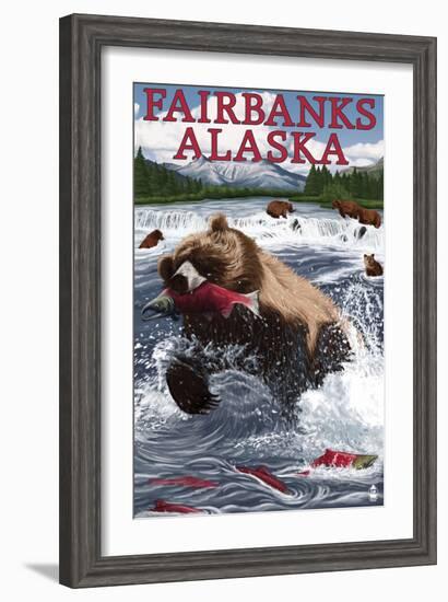 Grizzly Fishing Salmon - Fairbanks, AK-Lantern Press-Framed Art Print