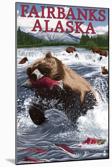 Grizzly Fishing Salmon - Fairbanks, AK-Lantern Press-Mounted Art Print