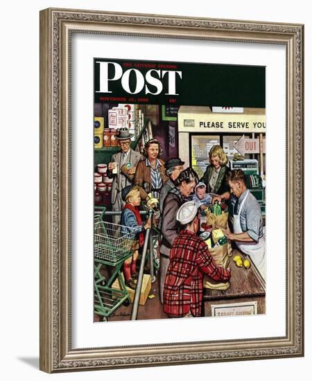 "Grocery LIne," Saturday Evening Post Cover, November 13, 1948-Stevan Dohanos-Framed Giclee Print