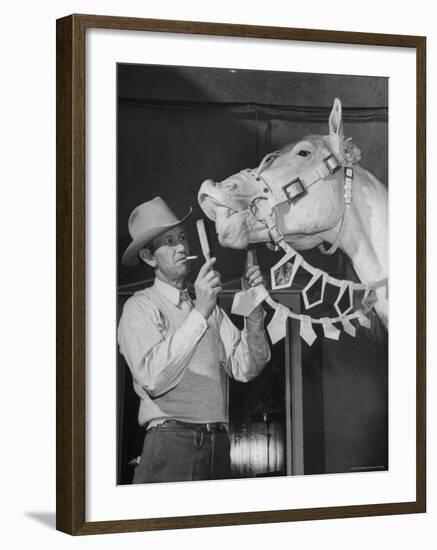 Groom Cleaning Horse's Teeth During Filming of the Movie "The Ziegfeld Follies"-John Florea-Framed Photographic Print