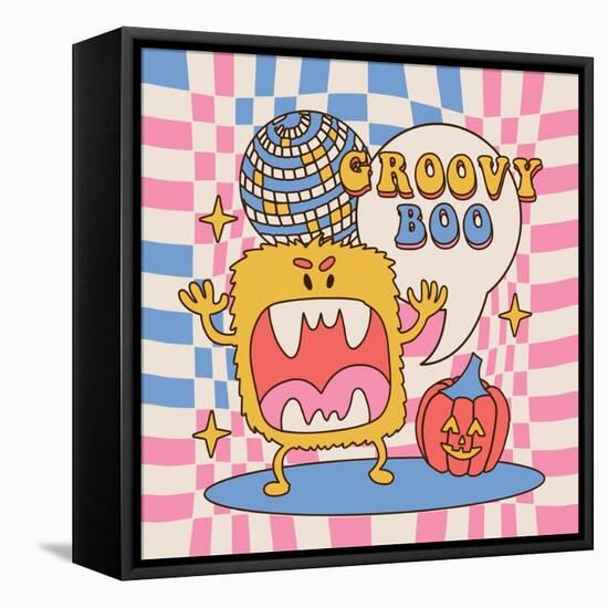 Groovy Boo - Square 70S Hippie Style Poster for Halloween Party Holiday. Furry Monster Growls at Th-Svetlana Shamshurina-Framed Premier Image Canvas