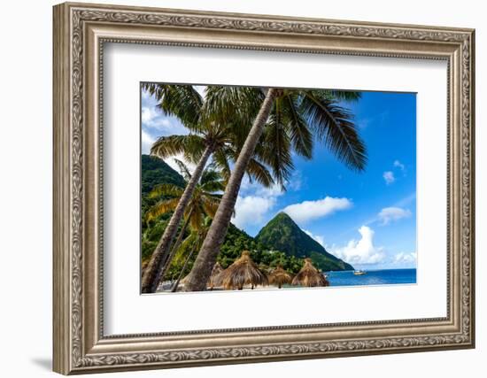 Gros Piton, with palm trees and thatched sun umbrellas, Sugar Beach, St. Lucia, Windward Islands, W-Martin Child-Framed Photographic Print