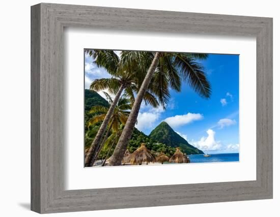 Gros Piton, with palm trees and thatched sun umbrellas, Sugar Beach, St. Lucia, Windward Islands, W-Martin Child-Framed Photographic Print