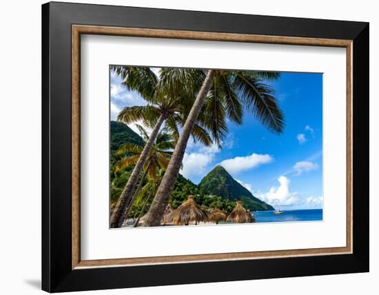 Gros Piton, with palm trees and thatched sun umbrellas, Sugar Beach, St. Lucia, Windward Islands, W-Martin Child-Framed Photographic Print