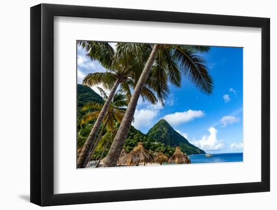 Gros Piton, with palm trees and thatched sun umbrellas, Sugar Beach, St. Lucia, Windward Islands, W-Martin Child-Framed Photographic Print