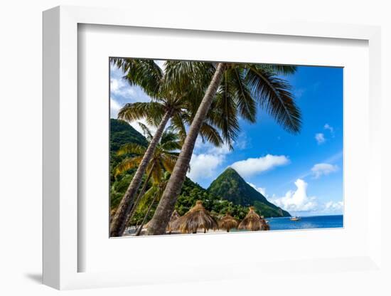 Gros Piton, with palm trees and thatched sun umbrellas, Sugar Beach, St. Lucia, Windward Islands, W-Martin Child-Framed Photographic Print