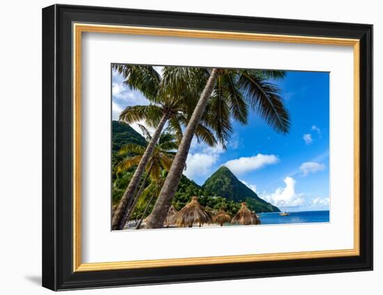 Gros Piton, with palm trees and thatched sun umbrellas, Sugar Beach, St. Lucia, Windward Islands, W-Martin Child-Framed Photographic Print