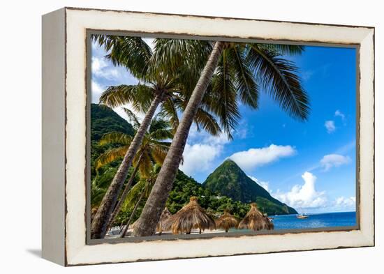 Gros Piton, with palm trees and thatched sun umbrellas, Sugar Beach, St. Lucia, Windward Islands, W-Martin Child-Framed Premier Image Canvas