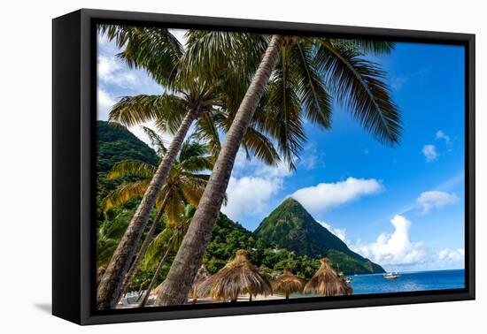 Gros Piton, with palm trees and thatched sun umbrellas, Sugar Beach, St. Lucia, Windward Islands, W-Martin Child-Framed Premier Image Canvas