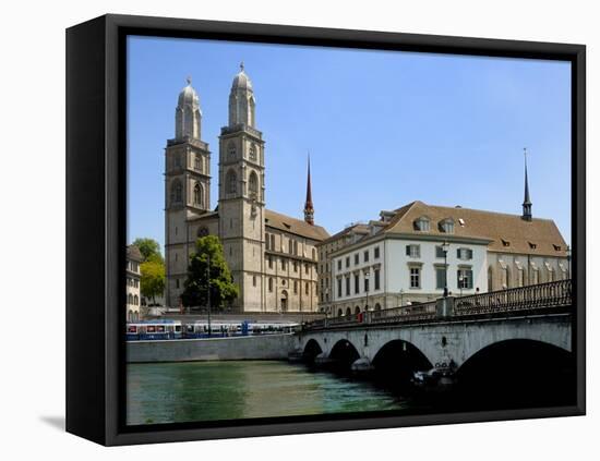 Grossmunster Church and Munster Bridge over the River Limmat, Zurich, Switzerland, Europe-Richardson Peter-Framed Premier Image Canvas