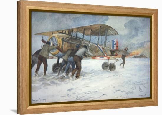 Ground Crew and Pilot Manhandle a French Spad Fighter Through the Snow to a Hangar, January 1918-Francois Flameng-Framed Premier Image Canvas