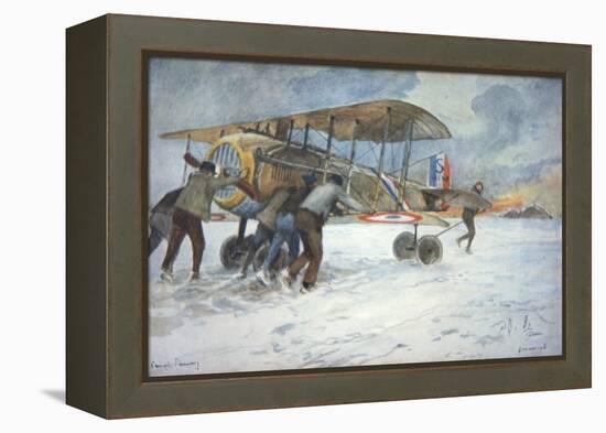 Ground Crew and Pilot Manhandle a French Spad Fighter Through the Snow to a Hangar, January 1918-Francois Flameng-Framed Premier Image Canvas