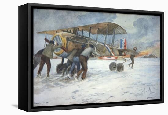Ground Crew and Pilot Manhandle a French Spad Fighter Through the Snow to a Hangar, January 1918-Francois Flameng-Framed Premier Image Canvas