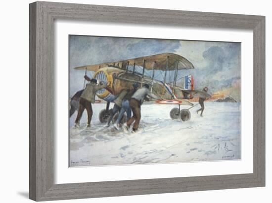 Ground Crew and Pilot Manhandle a French Spad Fighter Through the Snow to a Hangar, January 1918-Francois Flameng-Framed Giclee Print