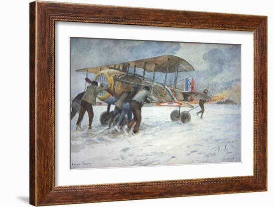 Ground Crew and Pilot Manhandle a French Spad Fighter Through the Snow to a Hangar, January 1918-Francois Flameng-Framed Giclee Print