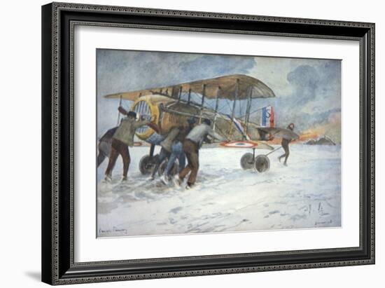 Ground Crew and Pilot Manhandle a French Spad Fighter Through the Snow to a Hangar, January 1918-Francois Flameng-Framed Giclee Print