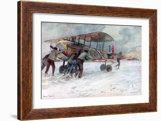 Ground Crew Attending to a French Spad on a Snow-Covered Field, 1918-Francois Flameng-Framed Giclee Print