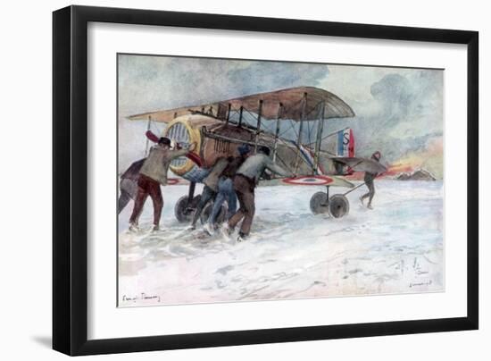 Ground Crew Attending to a French Spad on a Snow-Covered Field, 1918-Francois Flameng-Framed Giclee Print