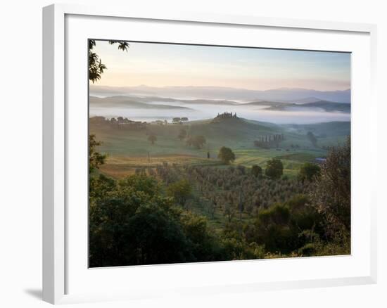 Ground fog at dawn in Val d'Orcia-Peter Adams-Framed Photographic Print