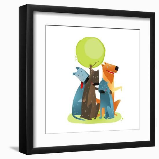 Group of Cartoon Dogs Sitting under Tree Smiling. Group of Cartoon Dogs under Green Tree on White B-Popmarleo-Framed Art Print