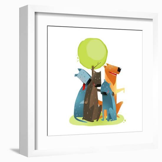 Group of Cartoon Dogs Sitting under Tree Smiling. Group of Cartoon Dogs under Green Tree on White B-Popmarleo-Framed Art Print