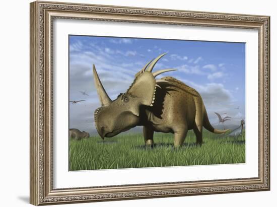 Group of Dinosaurs Grazing in a Grassy Field-Stocktrek Images-Framed Art Print