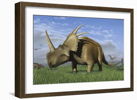 Group of Dinosaurs Grazing in a Grassy Field-Stocktrek Images-Framed Art Print