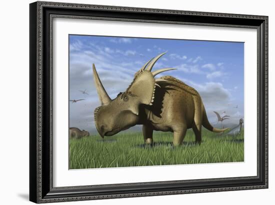Group of Dinosaurs Grazing in a Grassy Field-Stocktrek Images-Framed Art Print