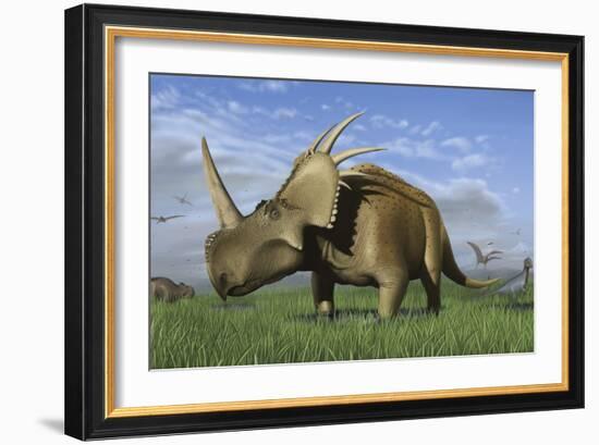 Group of Dinosaurs Grazing in a Grassy Field-Stocktrek Images-Framed Art Print