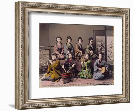 Group of Geisha Girls Playing Musical Instruments (Hand Coloured Albumen Print on Card)-Kusakabe Kimbei-Framed Giclee Print