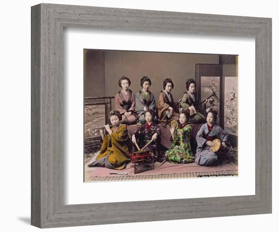 Group of Geisha Girls Playing Musical Instruments (Hand Coloured Albumen Print on Card)-Kusakabe Kimbei-Framed Giclee Print