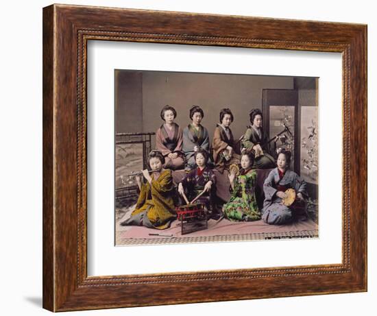 Group of Geisha Girls Playing Musical Instruments (Hand Coloured Albumen Print on Card)-Kusakabe Kimbei-Framed Giclee Print