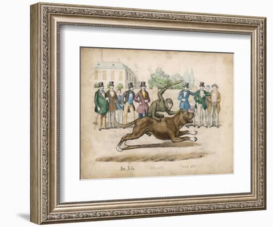 Group of Gentlemen Watch a Monkey Riding a Dog-null-Framed Art Print