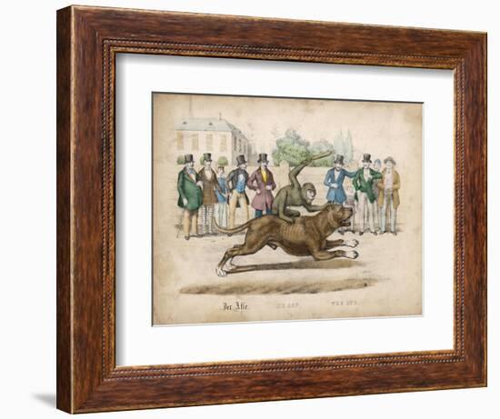 Group of Gentlemen Watch a Monkey Riding a Dog-null-Framed Art Print