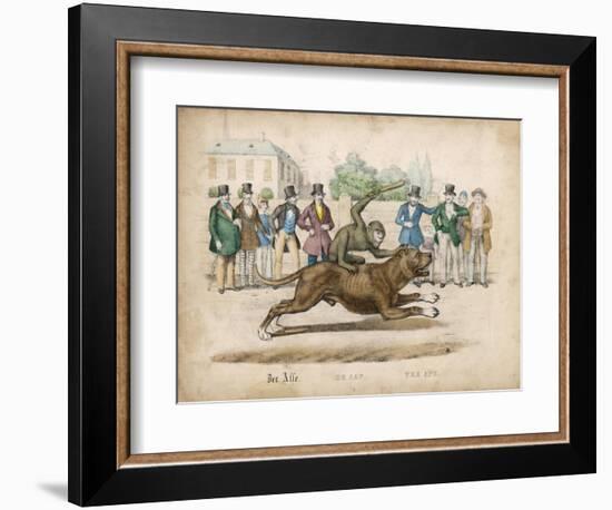 Group of Gentlemen Watch a Monkey Riding a Dog-null-Framed Art Print