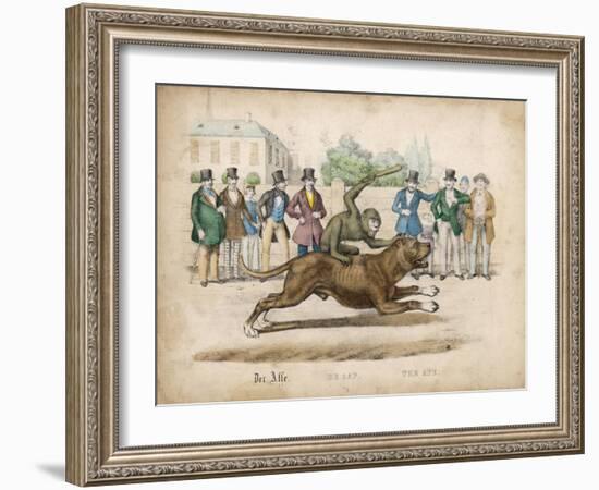 Group of Gentlemen Watch a Monkey Riding a Dog-null-Framed Art Print