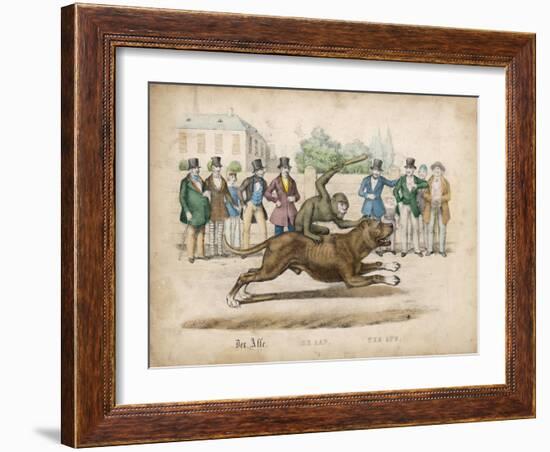 Group of Gentlemen Watch a Monkey Riding a Dog-null-Framed Art Print